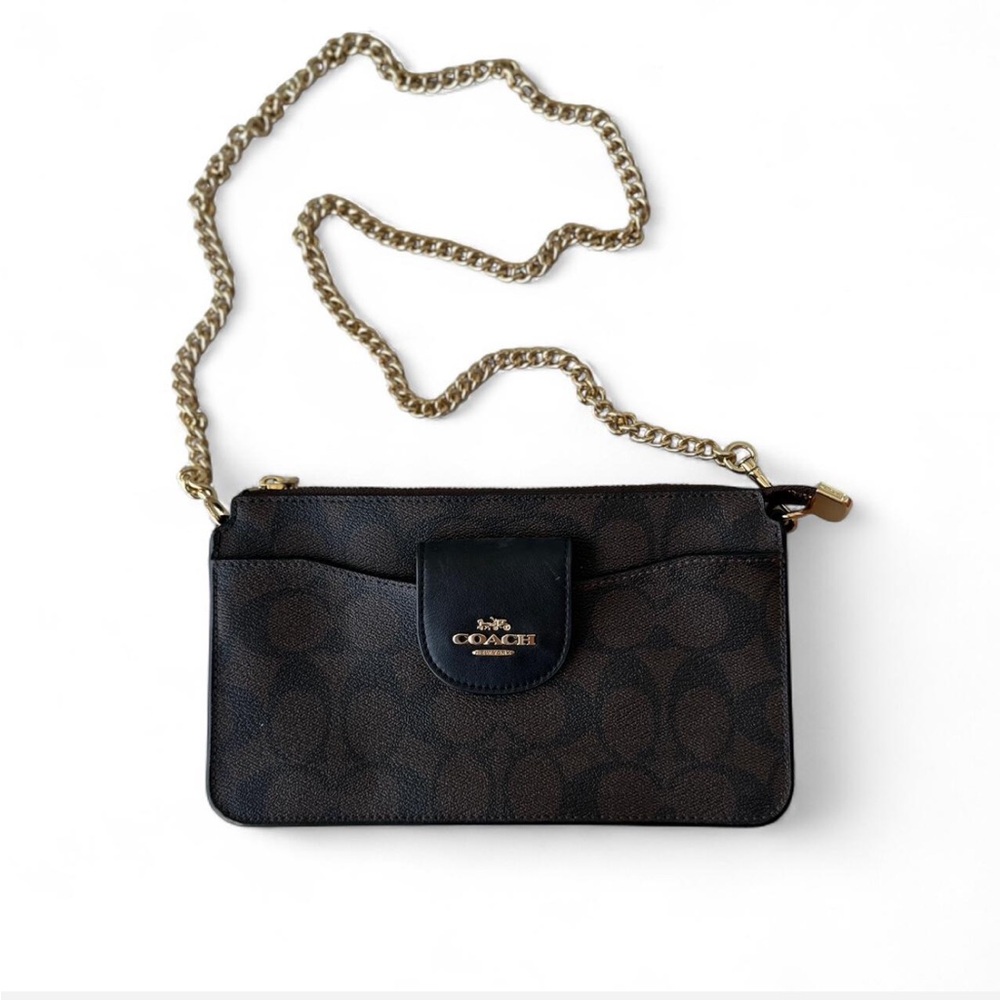 Coach Black and Brown Crossbody Bag with Gold Chain